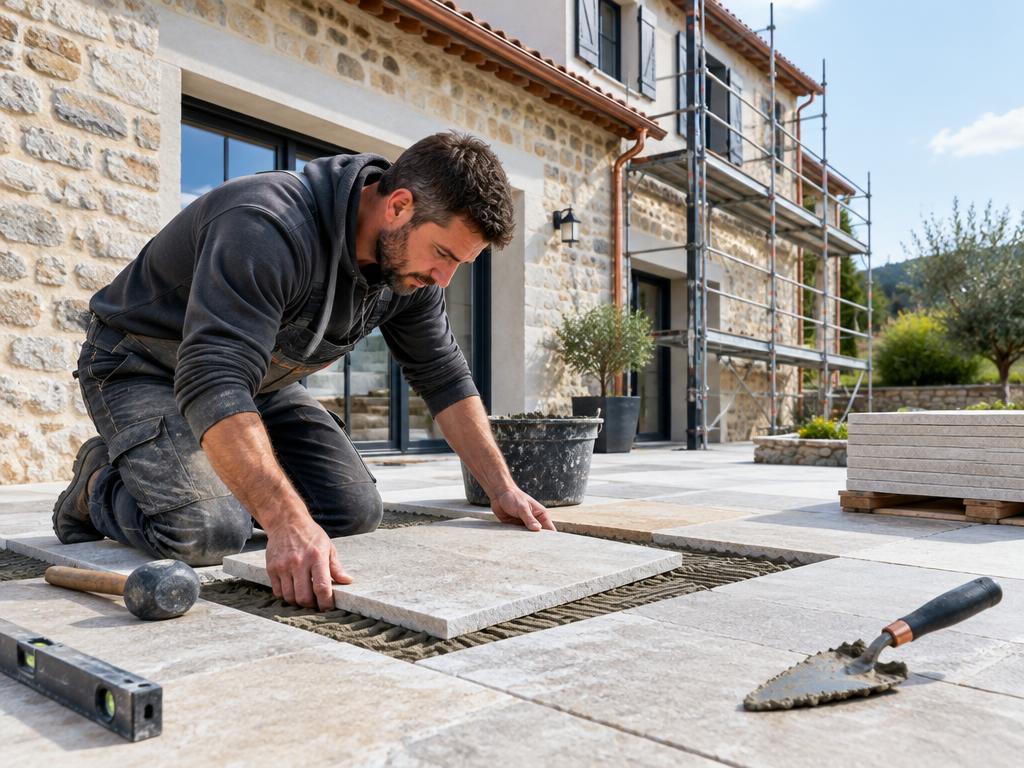 Professionnel réalisant une terrasse devant une maison
