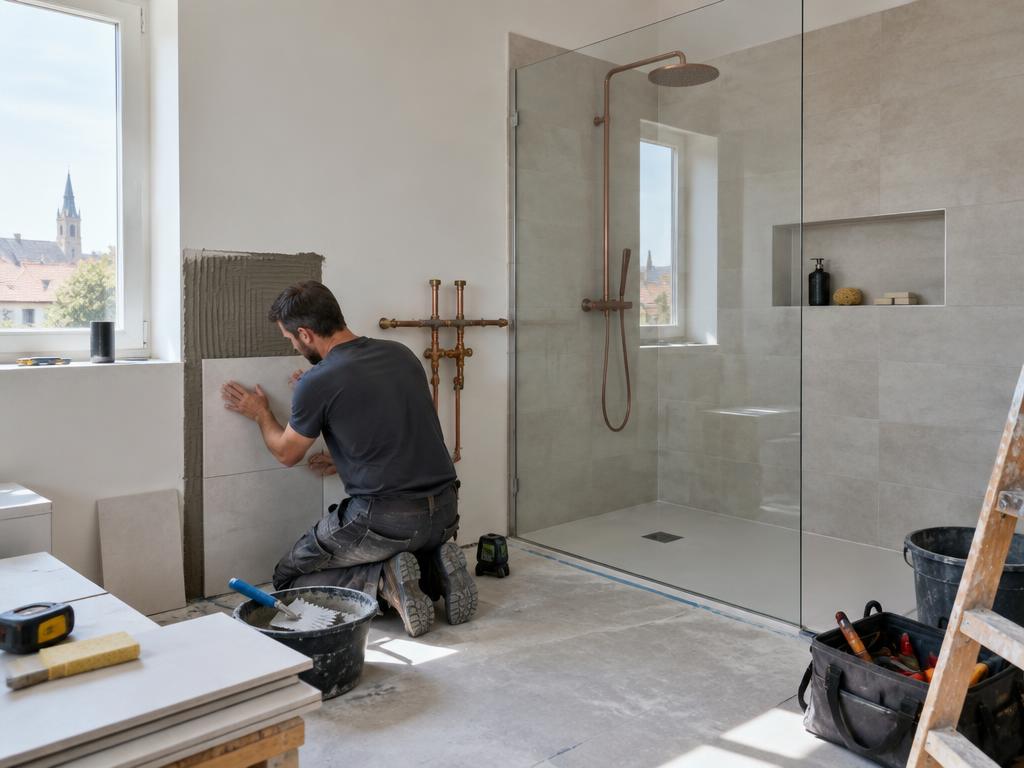 Professionnel posant du carrelage dans une salle de bain