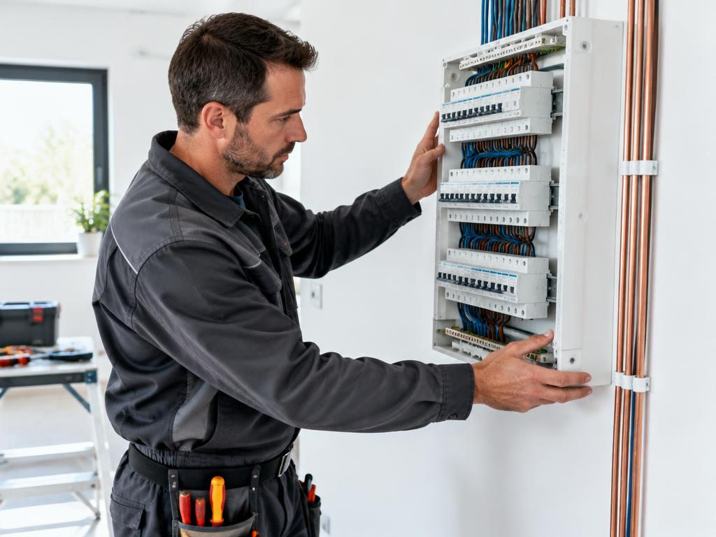 Professionnel intervenant sur un tableau électrique